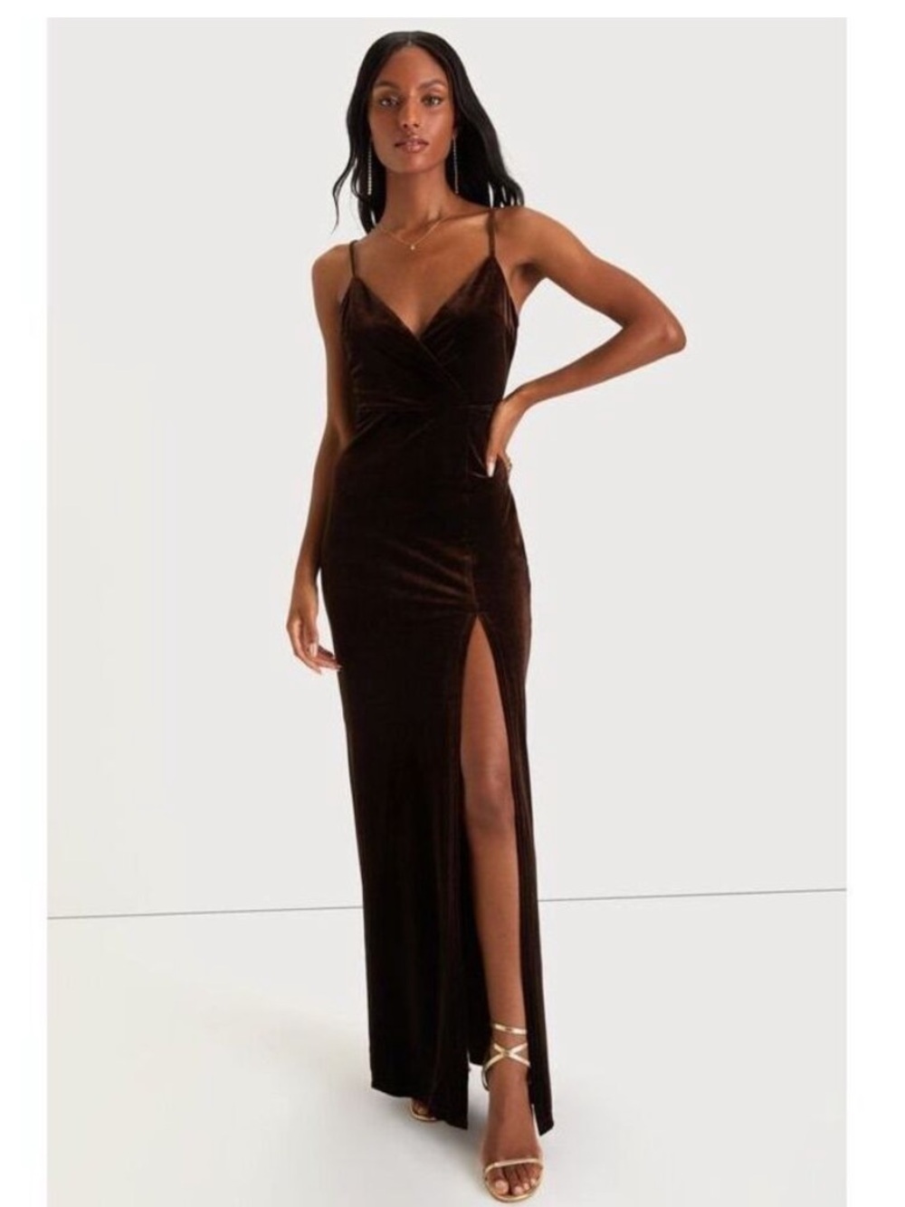 NWT Lulus Graceful Glamour Dark Brown Velvet Surplice Maxi Dress | Size Medium